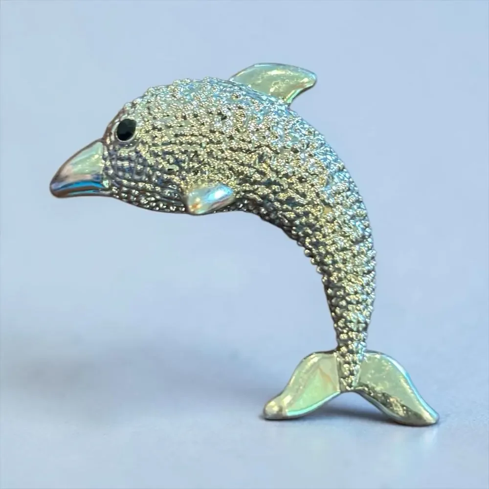 Vintage Leaping Dolphin Brooch Textured Silver Tone Ocean Coastal Nautical Pin